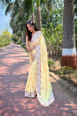 LIGHT YELLOW SIMMER SILK SAREE