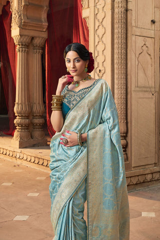 Light Blue Pure Satin Fancy Saree