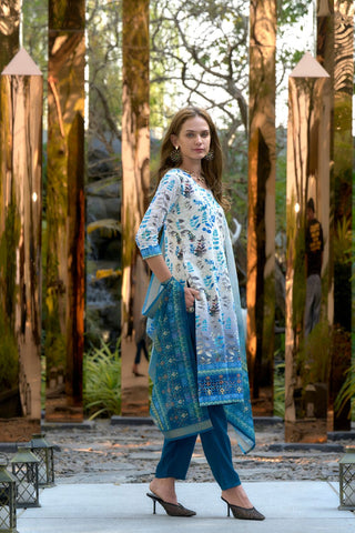 Light Blue Cotton With Print Kurta Set