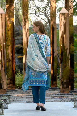 Light Blue Cotton With Print Kurta Set