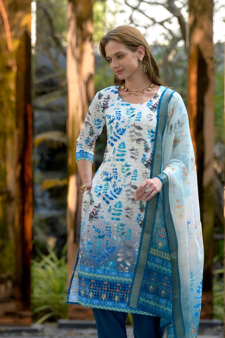 Light Blue Cotton With Print Kurta Set