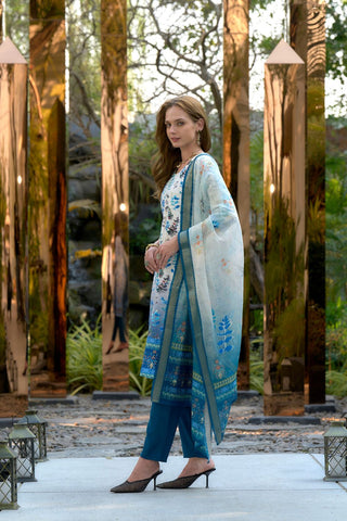 Light Blue Cotton With Print Kurta Set