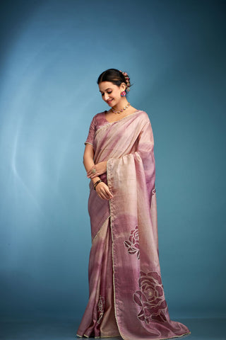 Light Maroon Tussar Saree With Hand Based Work