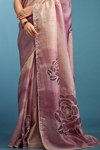 Light Maroon Tussar Saree With Hand Based Work