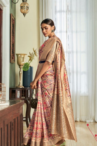 Light Brown Satin Silk With Zari Weaving Border Saree