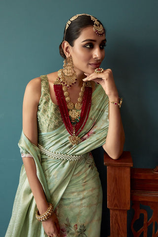 Light Green Soft Silk Saree With Floral Digital