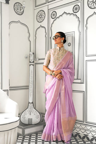 Lilac Moss Chiffon Handloom Weaving Saree