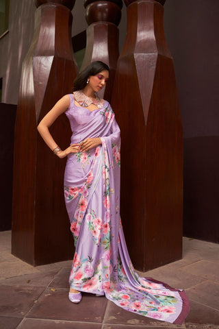 LILAC DIGITAL PRINTED SATIN CREPE SAREE