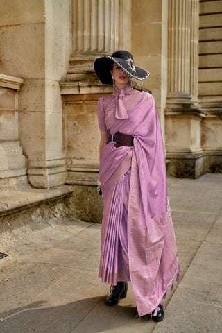 Lilac Pure Satin Nylon Handloom Weaving Silk Saree