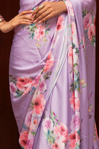 LILAC DIGITAL PRINTED SATIN CREPE SAREE