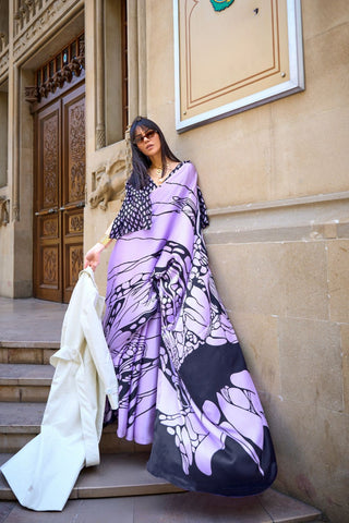 LILAC PRINT SATIN CREPE SAREES