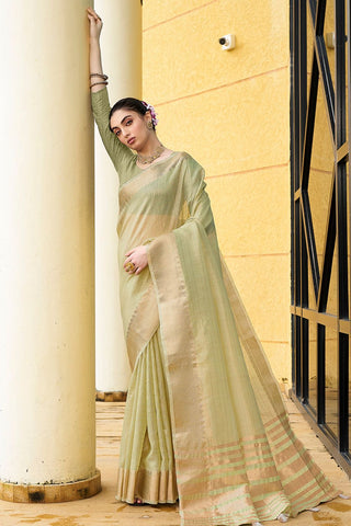 Lime Green Handloom Weaving Khadi Silk Saree_Kumari Sarees