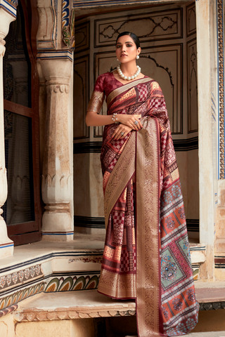 MAROON DOLA VISCOSE WITH TOP CLASS PRINT SAREES