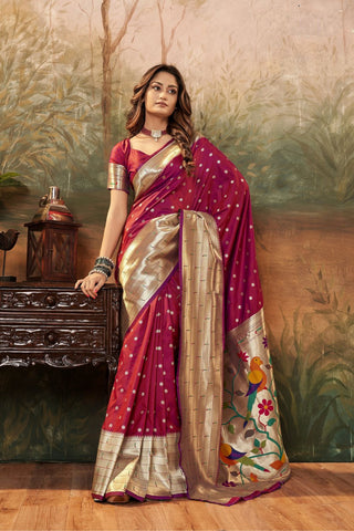 Maroon Pure Paithani Zari Weaving Saree