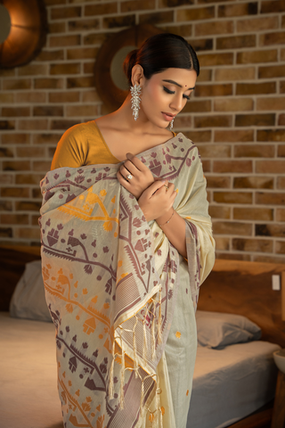 MUSTARD SOFT COTTON JAMDANI SAREE