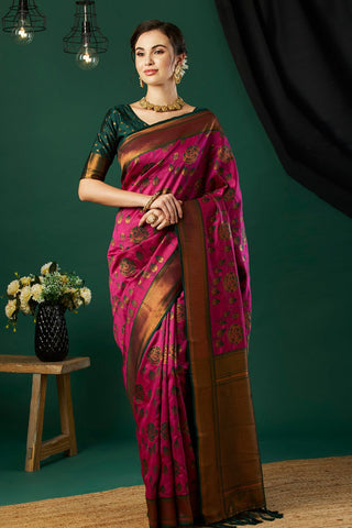 Magenta Pink & Green Banarasi Silk Saree_Kumari Sarees
