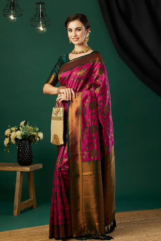 Magenta Pink & Green Banarasi Silk Saree_Kumari Sarees
