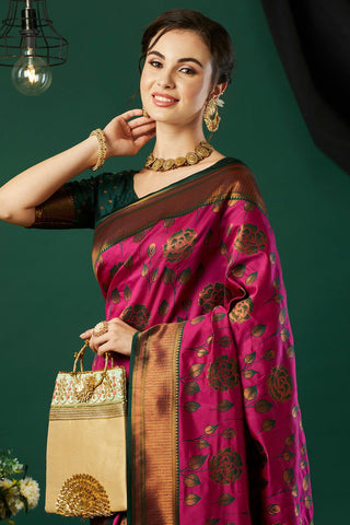 Magenta Pink & Green Banarasi Silk Saree_Kumari Sarees