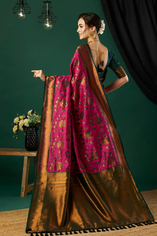 Magenta Pink & Green Banarasi Silk Saree_Kumari Sarees