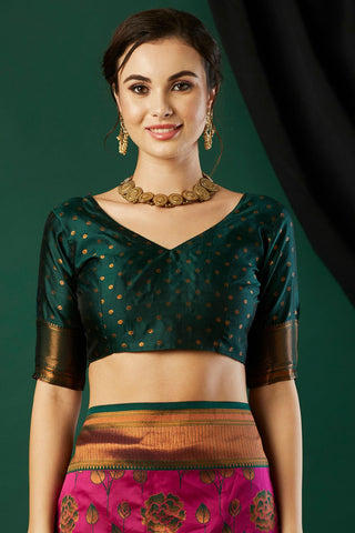 Magenta Pink & Green Banarasi Silk Saree_Kumari Sarees