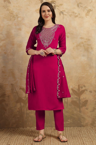 Magenta Pink Nylon Chanderi Embroidery Kurta Set_kumari Sarees