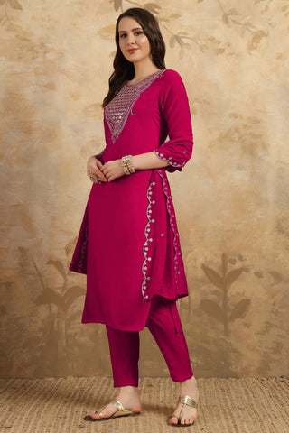 Magenta Pink Nylon Chanderi Embroidery Kurta Set_kumari Sarees