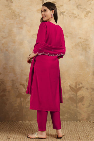Magenta Pink Nylon Chanderi Embroidery Kurta Set_kumari Sarees