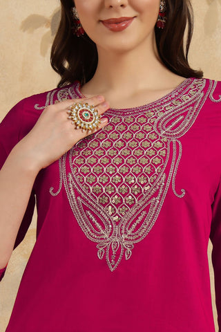 Magenta Pink Nylon Chanderi Embroidery Kurta Set_kumari Sarees
