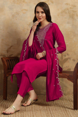 Magenta Pink Nylon Chanderi Embroidery Kurta Set_kumari Sarees