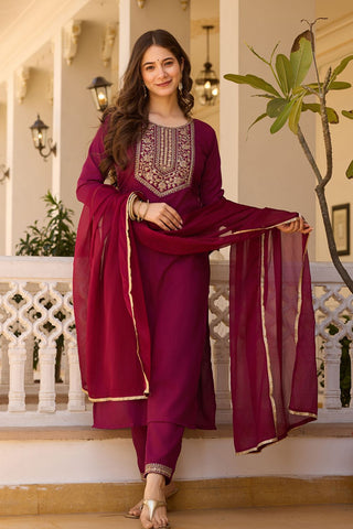 Maroon Reyon Chinon With Embroidery Kurta Set_Kumari Sarees