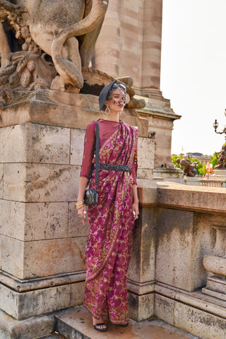 Maroon Organza Parsi Handloom Weaving Silk Saree