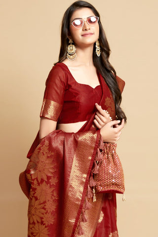 MAROON LINEN CHANDERI SAREE