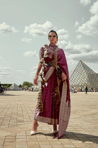 Maroon Pure Satin Nylon Handloom Weaving Silk Saree