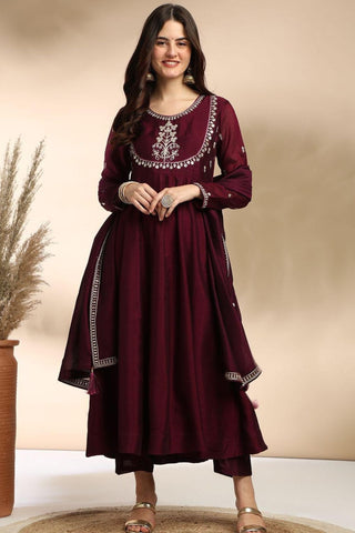 Maroon Plain Silk Embroidery Kurta Set_Kumari Sarees