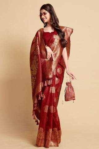 MAROON LINEN CHANDERI SAREE