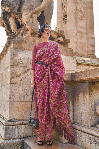 Maroon Organza Parsi Handloom Weaving Silk Saree