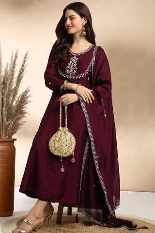 Maroon Plain Silk Embroidery Kurta Set_Kumari Sarees