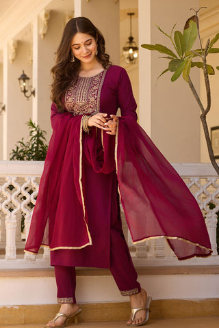 Maroon Reyon Chinon With Embroidery Kurta Set_Kumari Sarees