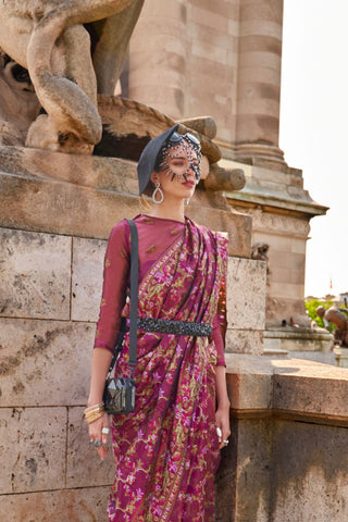 Maroon Organza Parsi Handloom Weaving Silk Saree