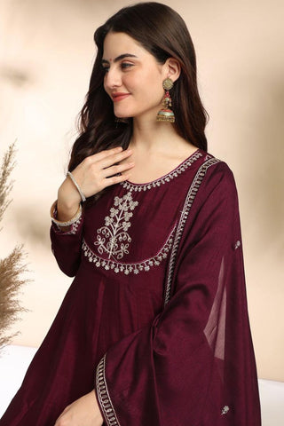 Maroon Plain Silk Embroidery Kurta Set_Kumari Sarees