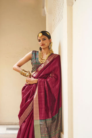 Maroon Handloom Tussar Silk Saree