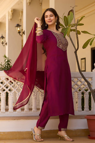 Maroon Reyon Chinon With Embroidery Kurta Set_Kumari Sarees