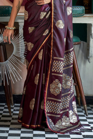 Maroon Pure Satin Handloom Weaving Silk Saree