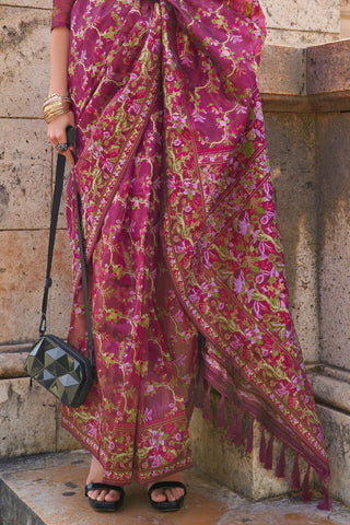 Maroon Organza Parsi Handloom Weaving Silk Saree