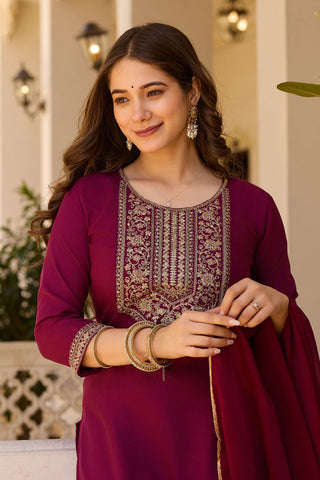 Maroon Reyon Chinon With Embroidery Kurta Set_Kumari Sarees