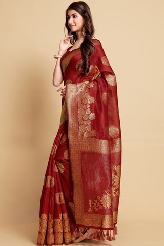 MAROON LINEN CHANDERI SAREE