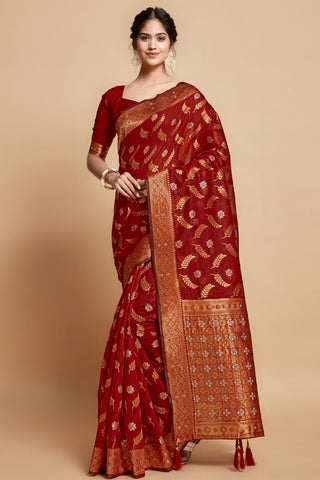 Maroon Linen Chanderi Saree