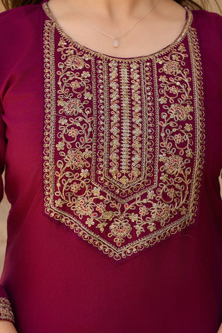 Maroon Reyon Chinon With Embroidery Kurta Set_Kumari Sarees