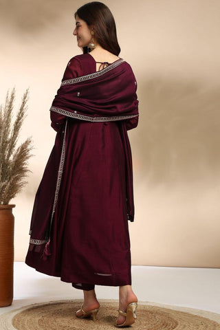 Maroon Plain Silk Embroidery Kurta Set_Kumari Sarees