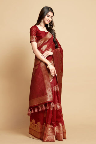 MAROON LINEN CHANDERI SAREE